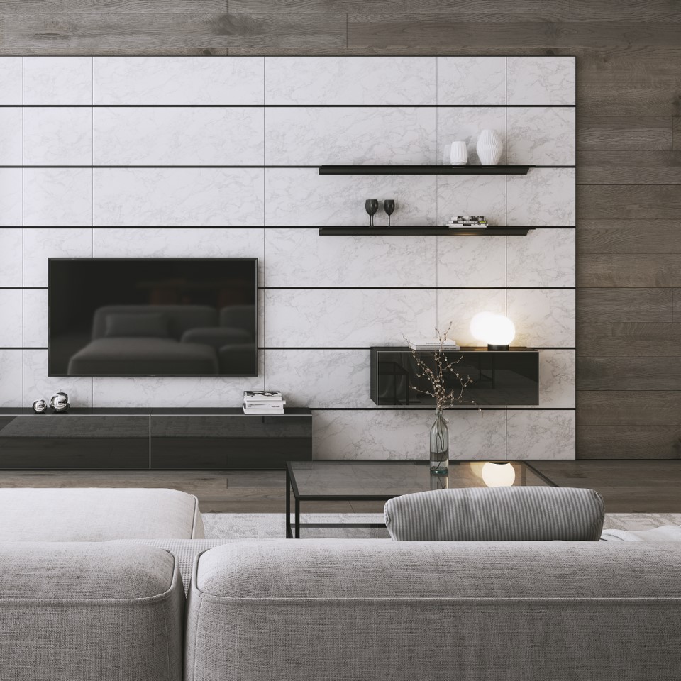 Living room with ZOBAL wall system panels and wall-mounted shelves