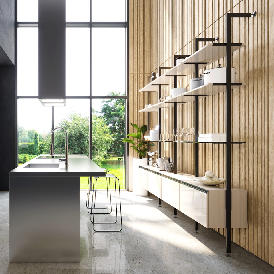 Kitchen with a tall ZOBAL shelving system unit