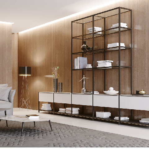 Interior with glass-front cabinets on the ZOBAL IQube 16 system