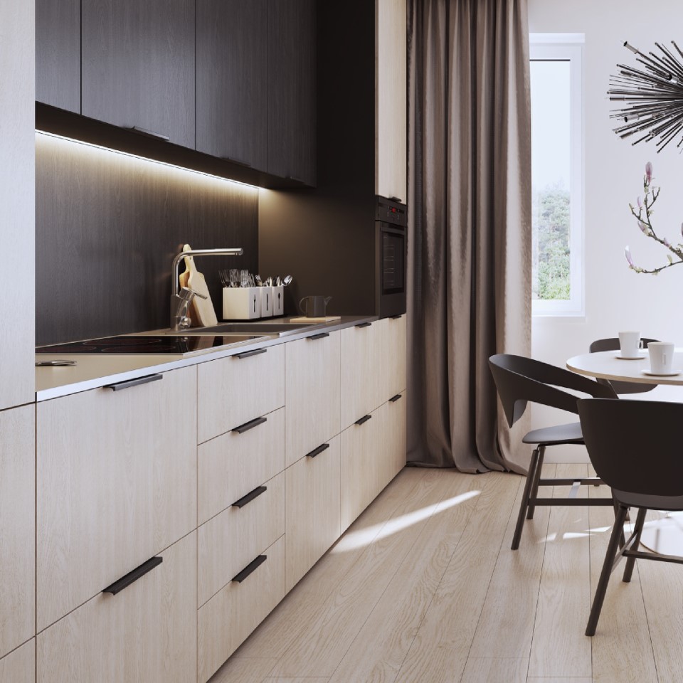 Dark kitchen with ZOBAL cabinet handles