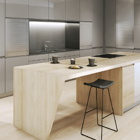 Light wood kitchen interior illustrating the ZOBAL Alu-roll box Milano