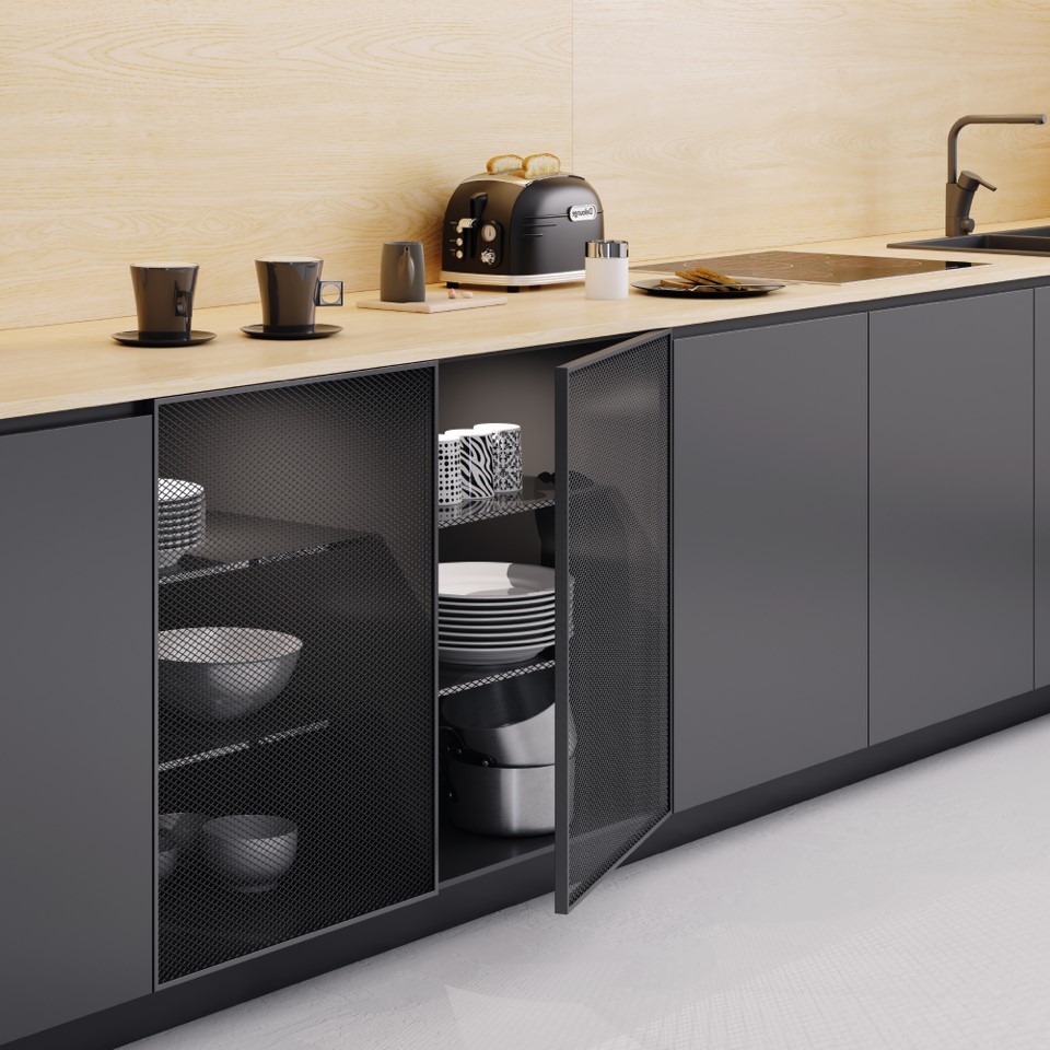 Kitchen with open dark cabinets from the ZOBAL MESH range