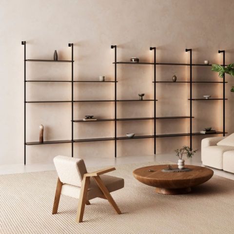 Living room with the ZOBAL Light Shelving System EVA on the wall