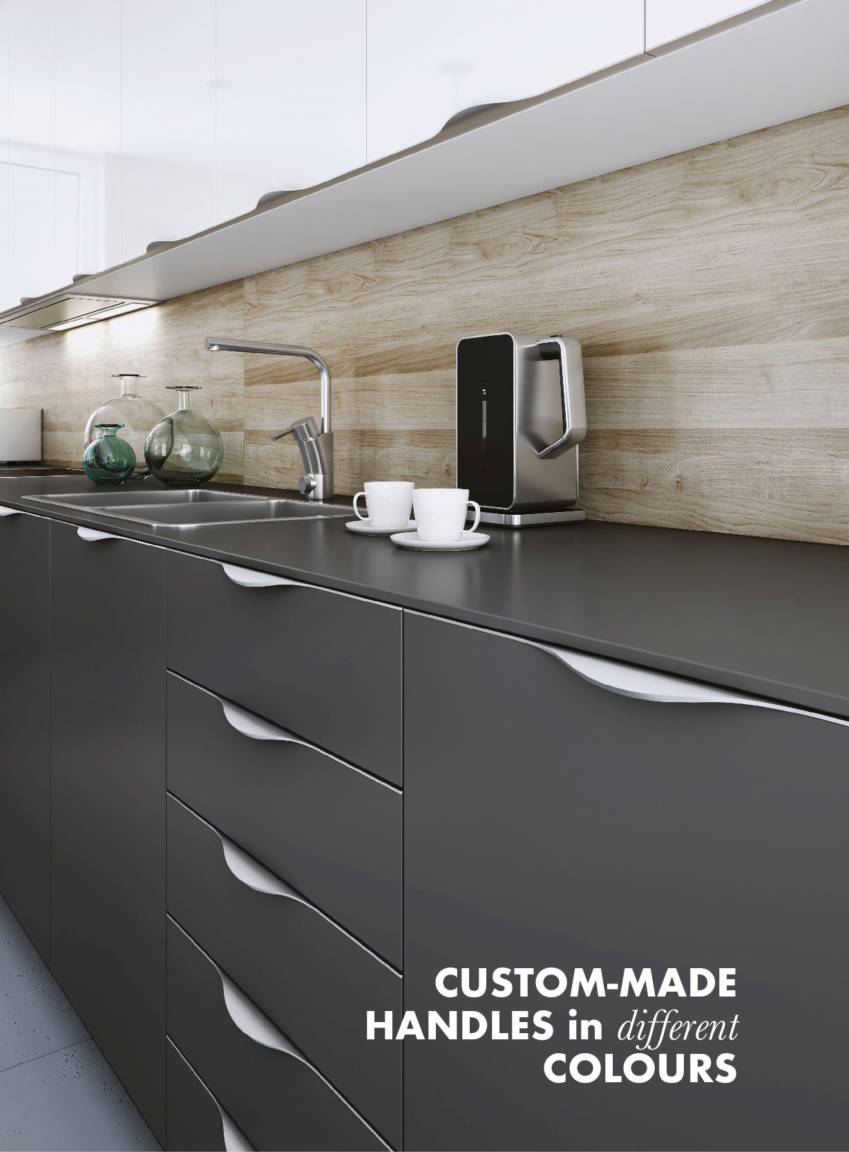 Dark kitchen fronts with ZOBAL custom-made handles in different colours