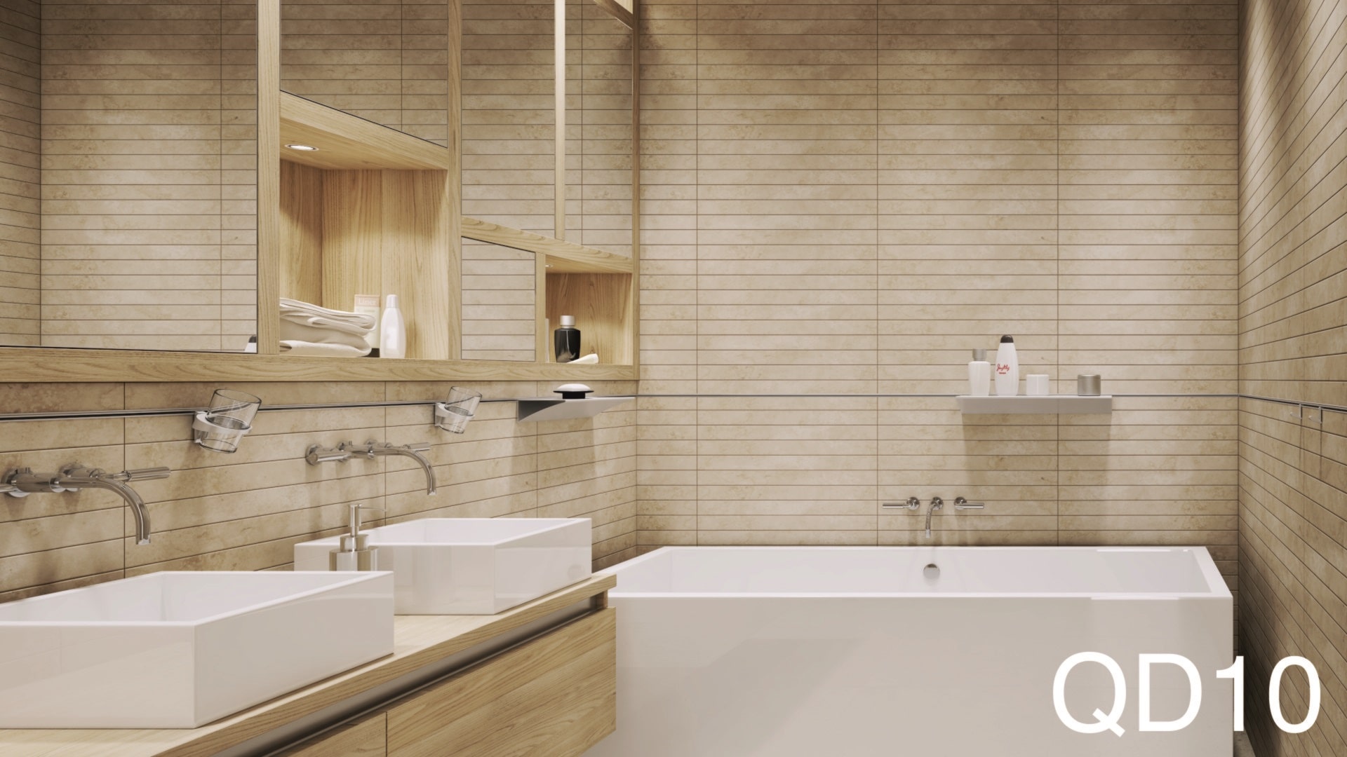 shelving v2 qd10.1 min 5ef2d17e SHELVING SYSTEM IN MAT BLACK — C-35 pillars and glass shelves frame a floating washbasin cabinet. The same components as QD8, a different mood.