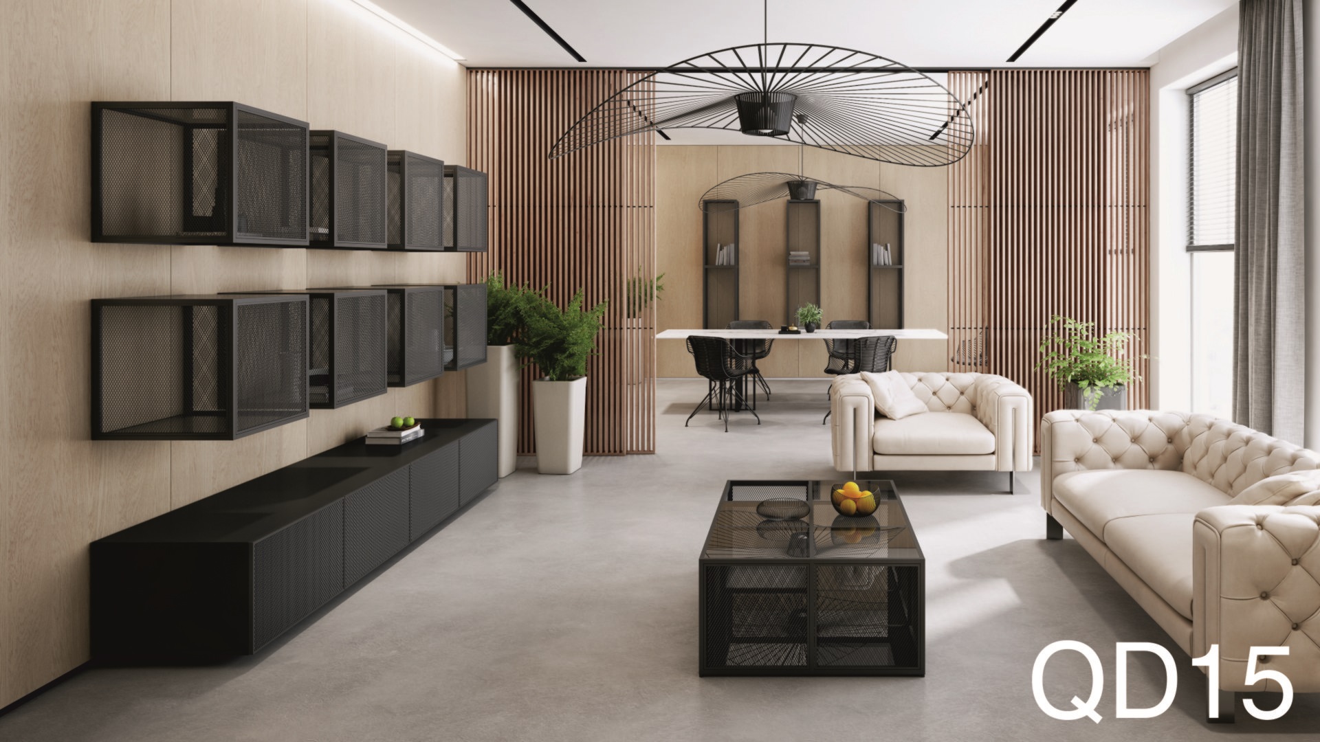 Zobal IQube frame modules in mat black with steel MESH infill on an oak wall