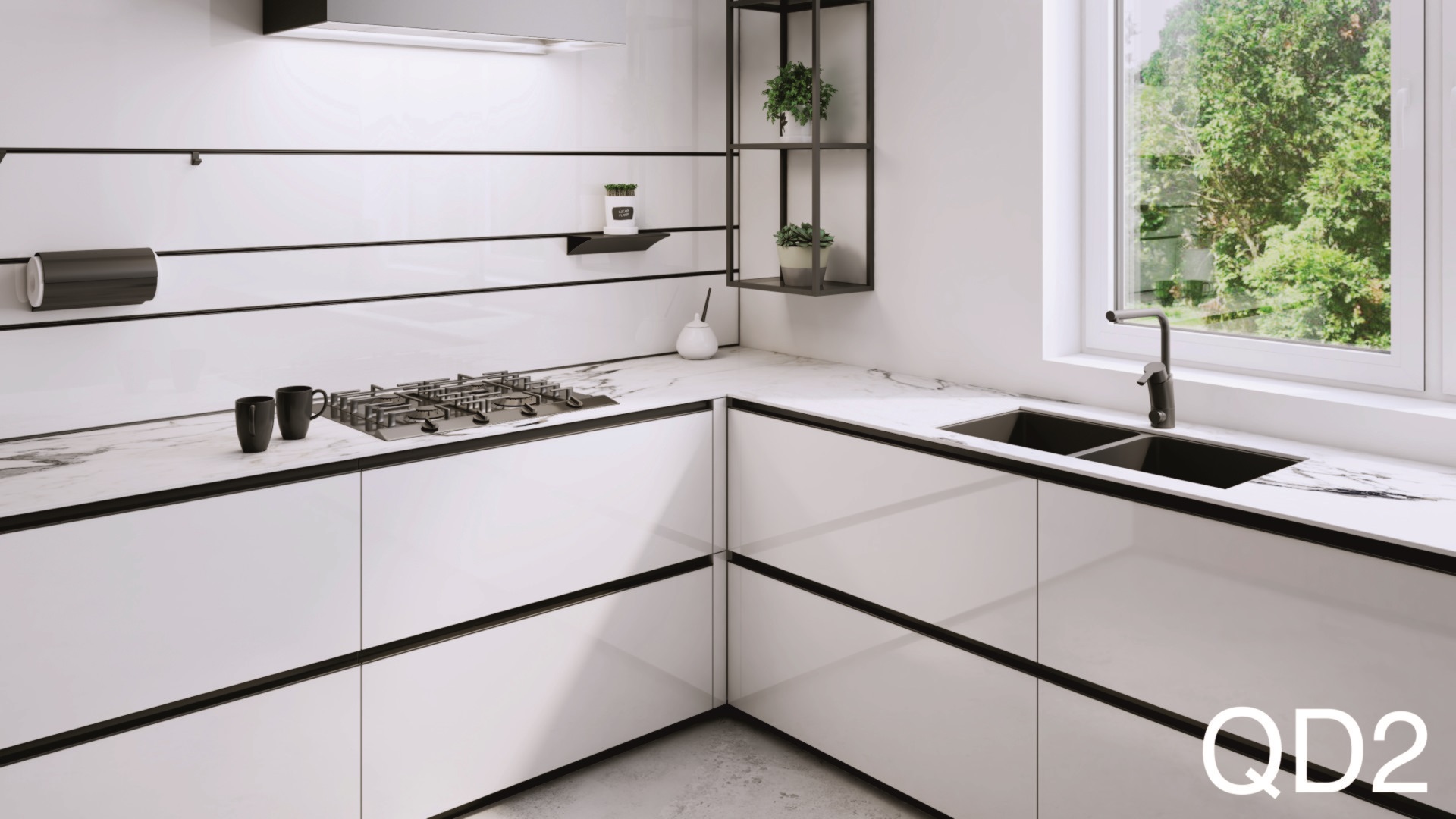 Detail of Zobal Wall System rails in black with an IQube frame module in the corner of a white QD2 kitchen