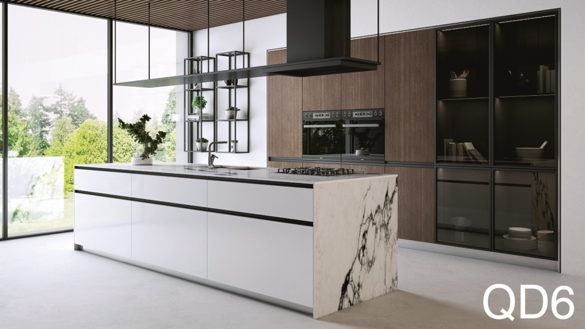 Zobal handleless profile C in black anode C-35 on a white kitchen island with a marble waterfall end, IQube frames on the wall behind